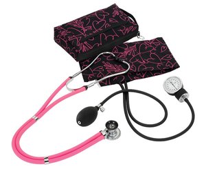 Aneroid Sphygmomanometer / Sprague-Rappaport Stethoscope Kit, Adult, Pink Hearts Black, Print < Prestige Medical #A2-PHB 