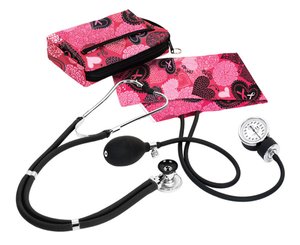 Aneroid Sphygmomanometer / Sprague-Rappaport Stethoscope Kit, Adult, Ribbons and Hearts Pink