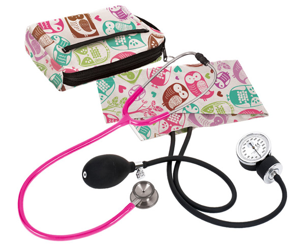 Aneroid Sphygmomanometer / Clinical I Stethoscope Kit, Adult, Owls Cream, Print