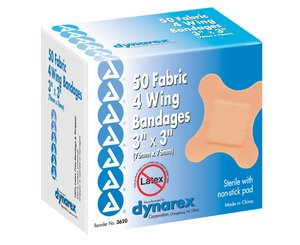 Flexible Fabric Adhesive 4 Winged Bandages 3" x 3" , Box/50