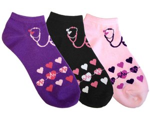 Fashion Socks, 3 Pack, Stethoscope Hearts in Colors, Print