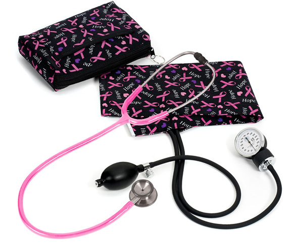 Aneroid Sphygmomanometer / Clinical I Stethoscope Kit, Adult, Pink Ribbons Black, Print