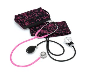 Aneroid Sphygmomanometer / Clinical Lite Stethoscope Kit, Adult, Pink Hearts Black < Prestige Medical #A121-PHB 