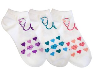 Fashion Socks, 3 Pack, Stethoscope Hearts in White, Print < Prestige Medical #380-SHW 
