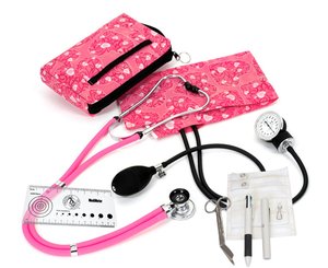 Aneroid Sphygmomanometer / Sprague-Rappaport Stethoscope Nurse Kit, Adult, Hot Pink Hearts, Print