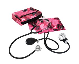 Aneroid Sphygmomanometer / Clinical Lite Stethoscope Kit, Adult, Ribbons and Hearts Pink