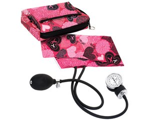 Premium Aneroid Sphygmomanometer With Carry Case, Adult, Ribbons and Hearts Pink < Prestige Medical #882-RPK 