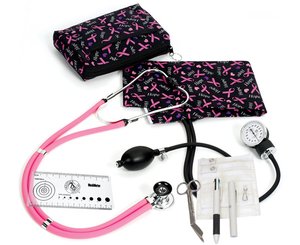 Aneroid Sphygmomanometer / Sprague-Rappaport Stethoscope Nurse Kit, Adult, Pink Ribbons Black, Print < Prestige Medical #A5-PRB 