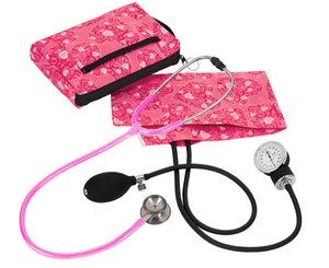 Aneroid Sphygmomanometer / Clinical I Stethoscope Kit, Adult, Hot Pink Hearts, Print