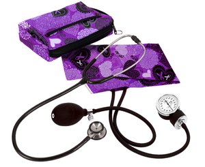 Aneroid Sphygmomanometer / Clinical I Stethoscope Kit, Adult, Ribbons and Hearts Purple, Print