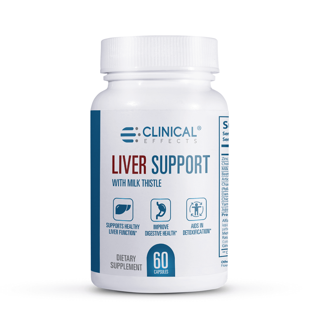 Picture of Astragalus, Plant, Flower with text S CLINICAL® Ser EFFECTS LIVER SUPPORT Zinc Cho Milk B...