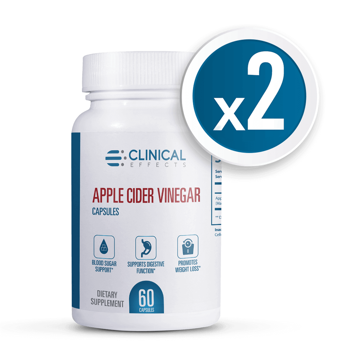 Picture of Shaker, Bottle with text x2 CLINICAL EFFECTS Serv APPLE CIDER VINEGAR App (Ma CAPSULES BL...