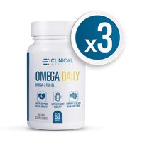 Picture of Shaker, Bottle with text x3 CLINICAL EFFECTS OMEGA DAILY OMEGA-3 FISH OIL HELPS SUPPORT S...