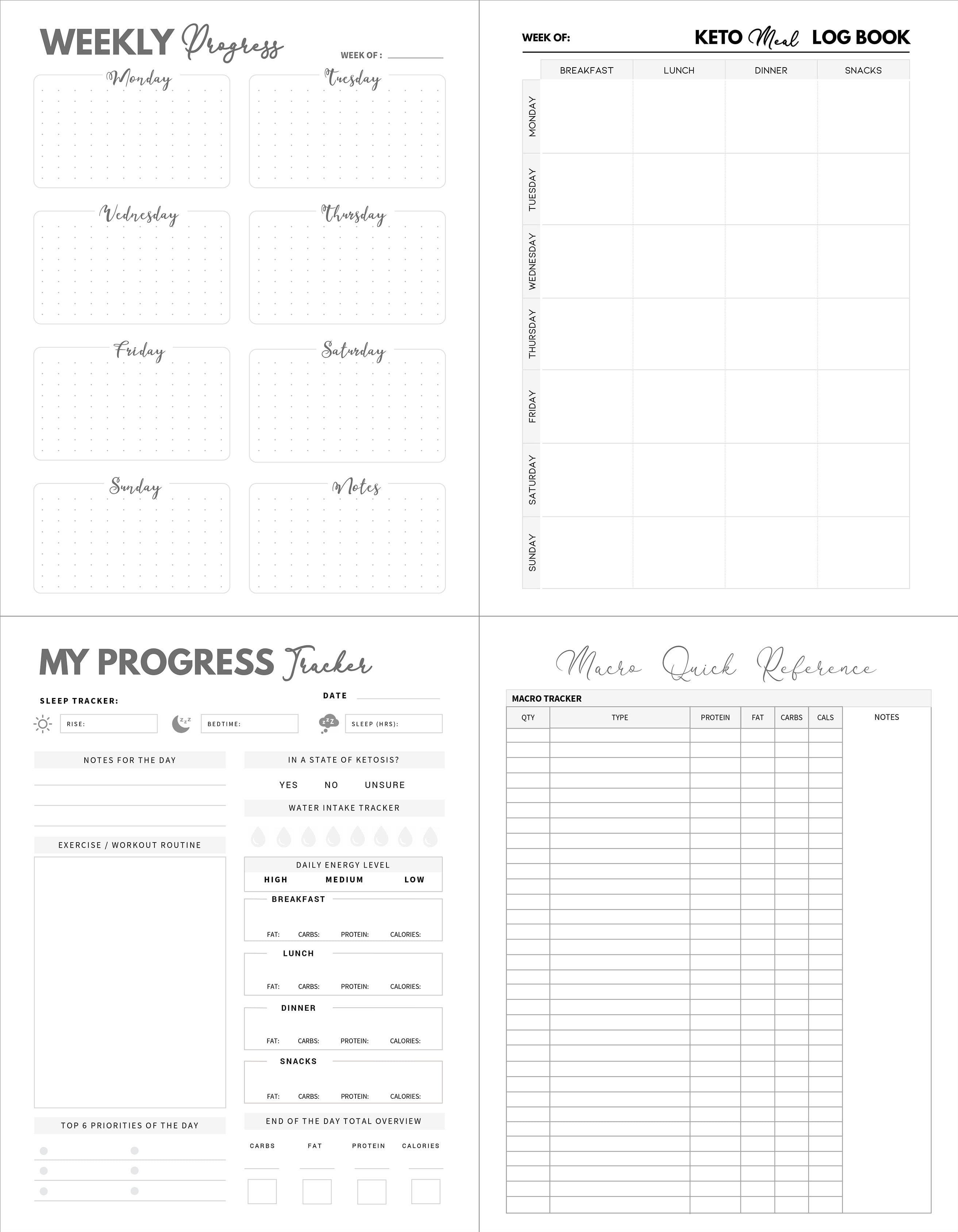 Picture of Document, Text, Plot, Page with text WEEKLY Progress WEEK OF: KETO Meal LOG BOOK WEEK OF ...