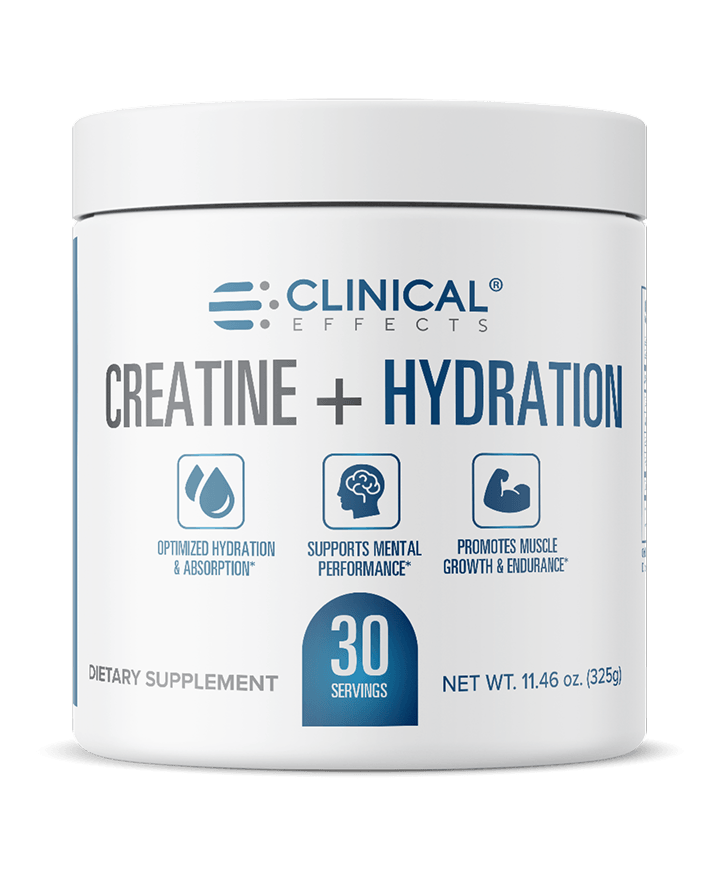 Picture of Can, Tin, Cosmetics, Bottle with text CLINICAL&reg; EFFECTS CREATINE + HYDRATION OPTIMIZED HY...