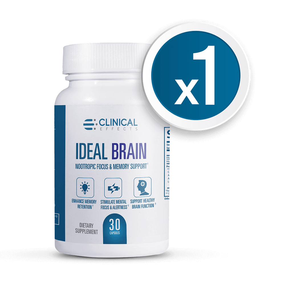 Picture of Shaker, Bottle with text CLINICAL EFFECTS S IDEAL BRAIN NOOTROPIC FOCUS & MEMORY SUPPORT ...
