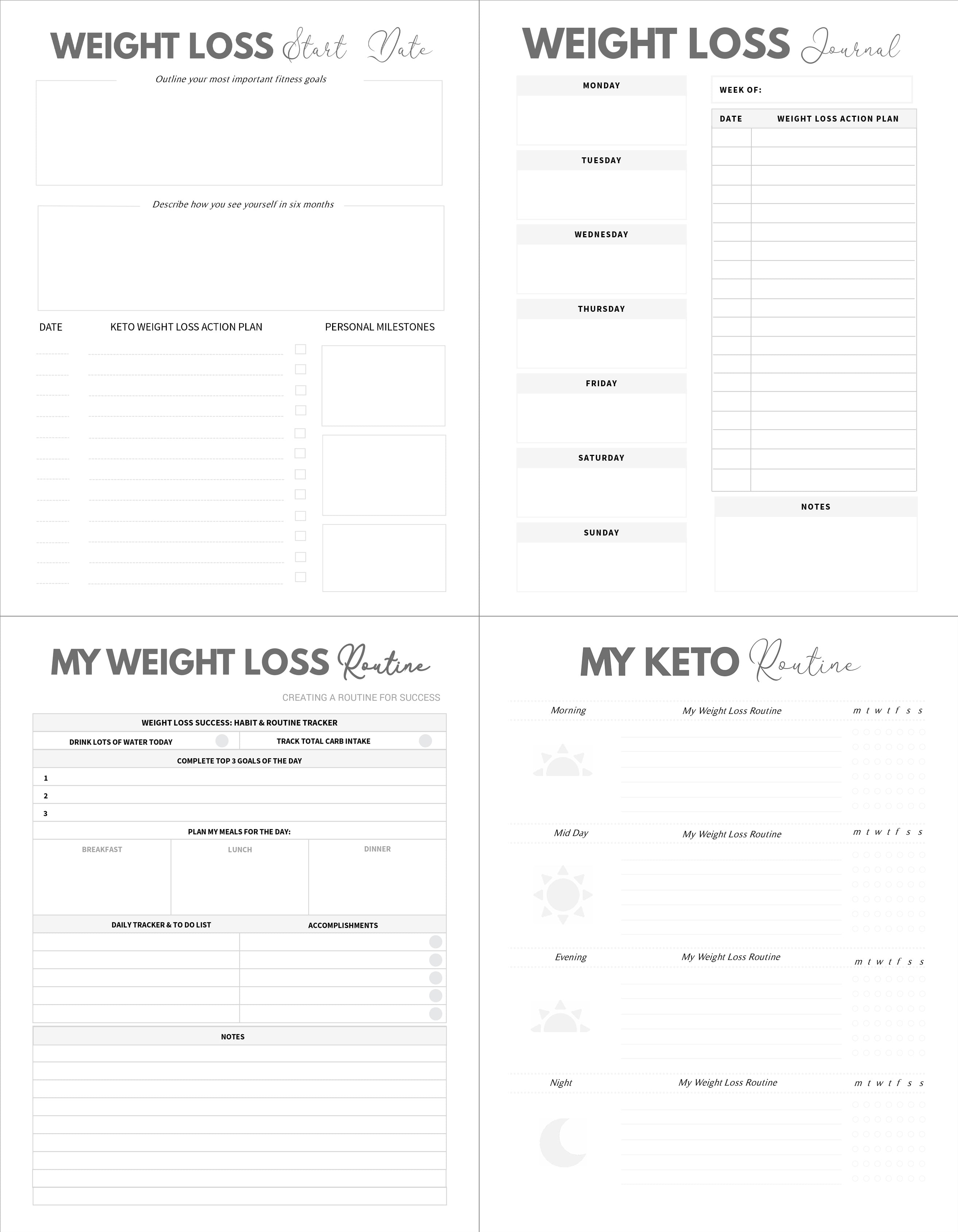 Picture of Page, Text with text WEIGHT LOSS Start Date WEIGHT LOSS Journal Outline your most importa...