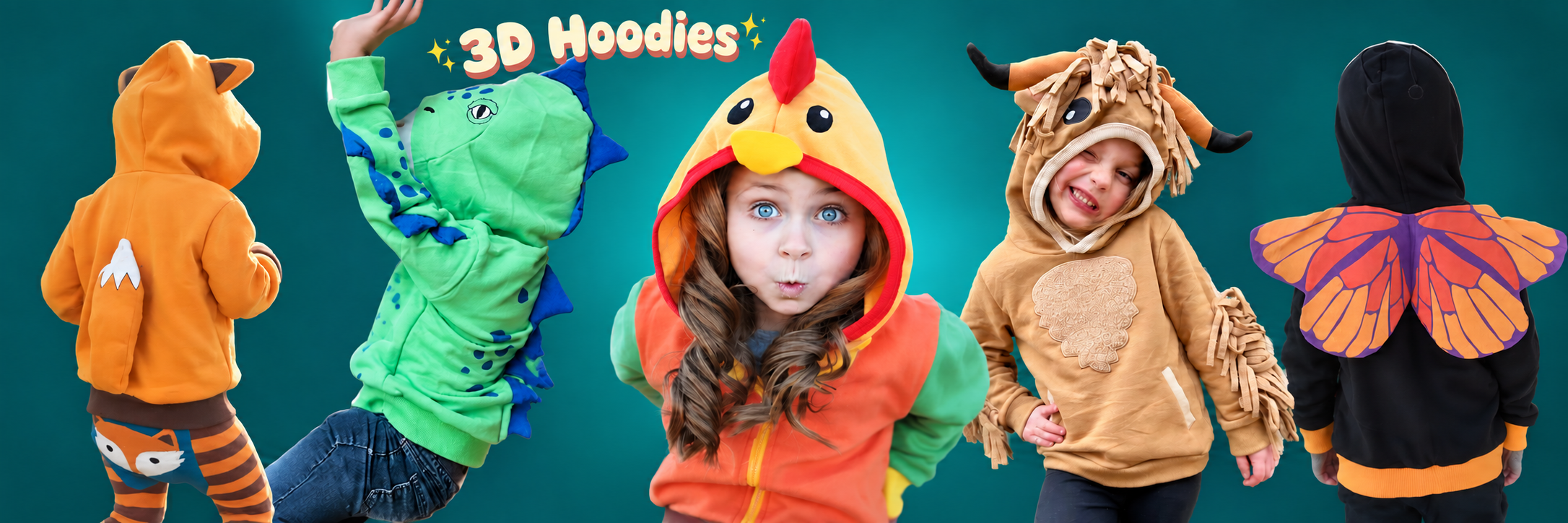 Young children wearing colorful graphic t-shirts with animal designs