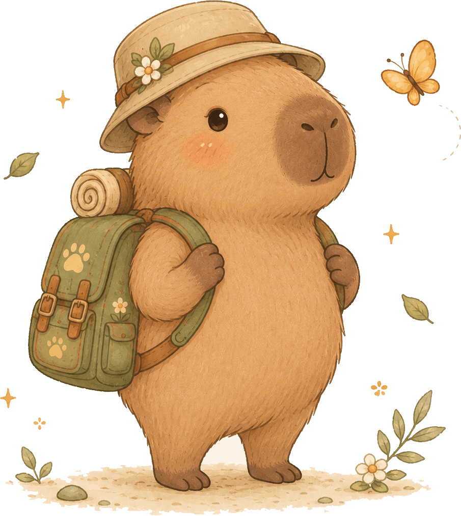 Cute watercolor illustration of an adventurer capybara wearing a sun hat and carrying a green paw print backpack with a butterfly nearby