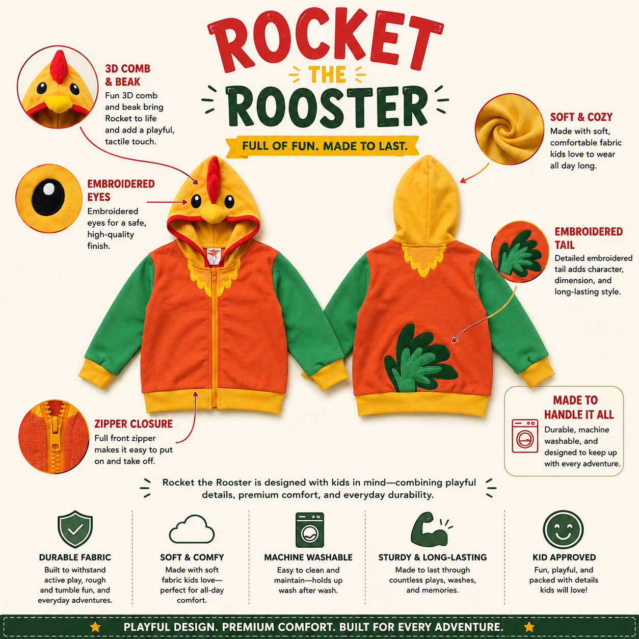 Feature details: 3D comb and beak, embroidered eyes, soft fabric, embroidered tail, zipper, machine washable