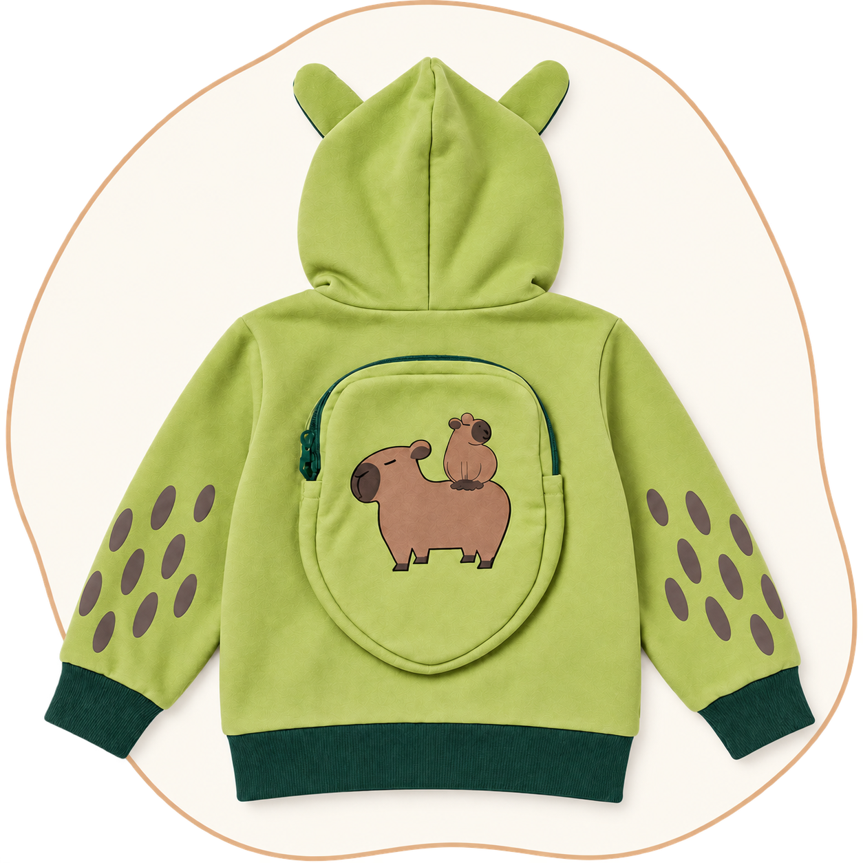 Green children's fleece hoodie with capybara ears, back pocket, and embroidered capybara appliqu&eacute;, shown from the back
