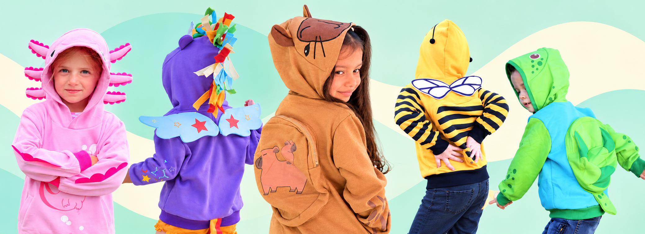 Children wearing colorful animal costume hoodies and jackets