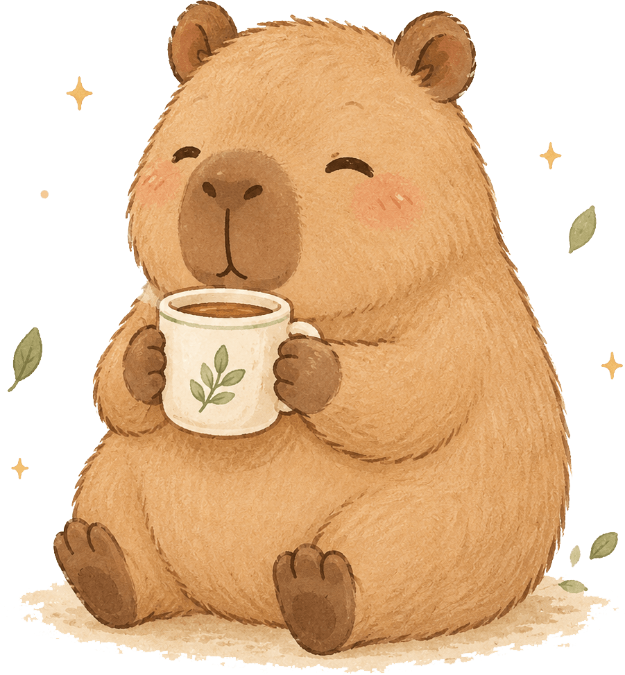 Cute watercolor illustration of a smiling capybara holding a leaf-decorated mug surrounded by sparkles and leaves