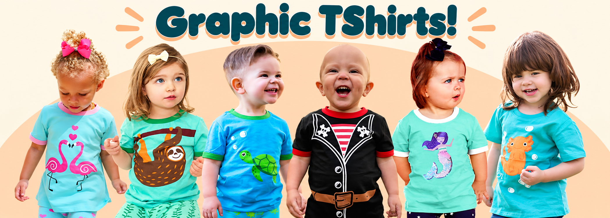 Young children wearing colorful graphic t-shirts with animal designs