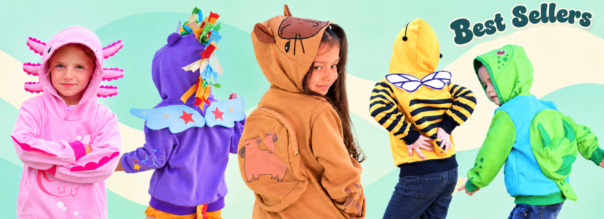 Children wearing colorful animal costume hoodies and jackets