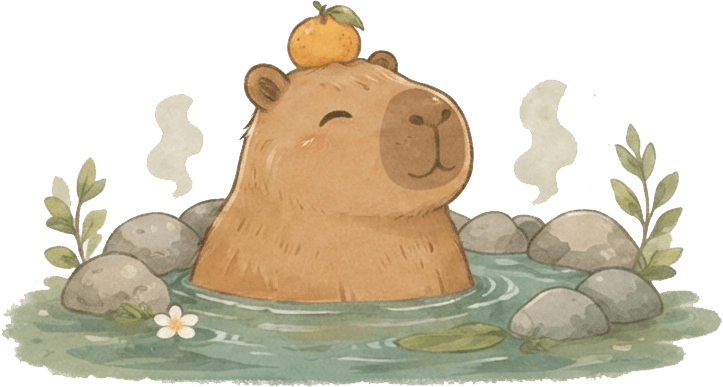 Cute watercolor illustration of a smiling capybara soaking in a hot spring with an orange on its head, surrounded by rocks and plants