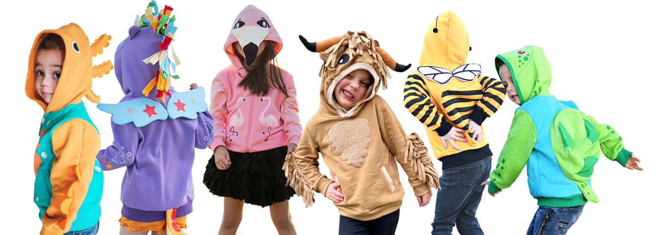 Children wearing colorful animal costume hoodies and jackets