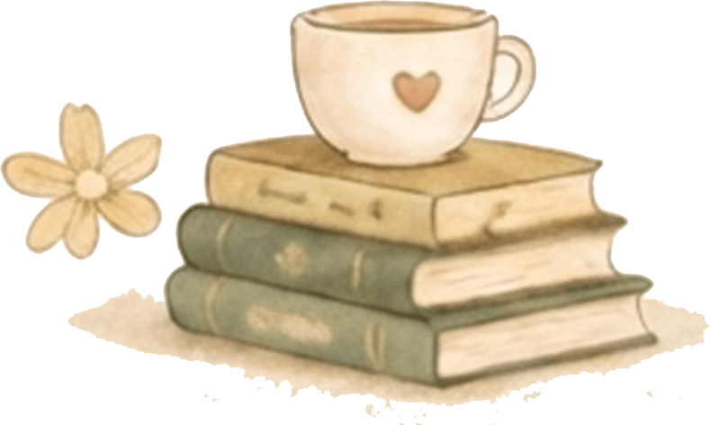 Cute watercolor illustration of a stacked books with a heart coffee cup on top and a daisy flower