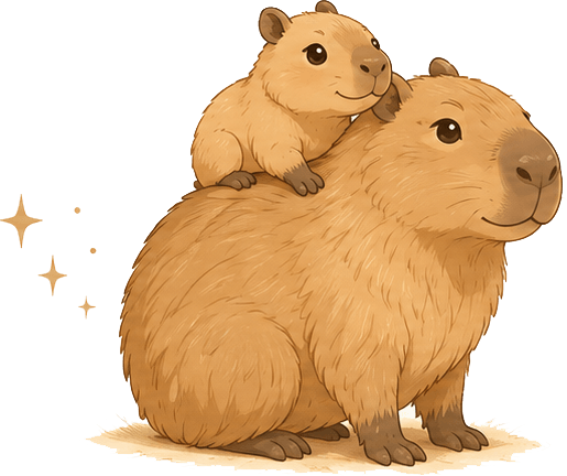Cute illustration of a baby capybara perched on an adult capybara's back with golden sparkles