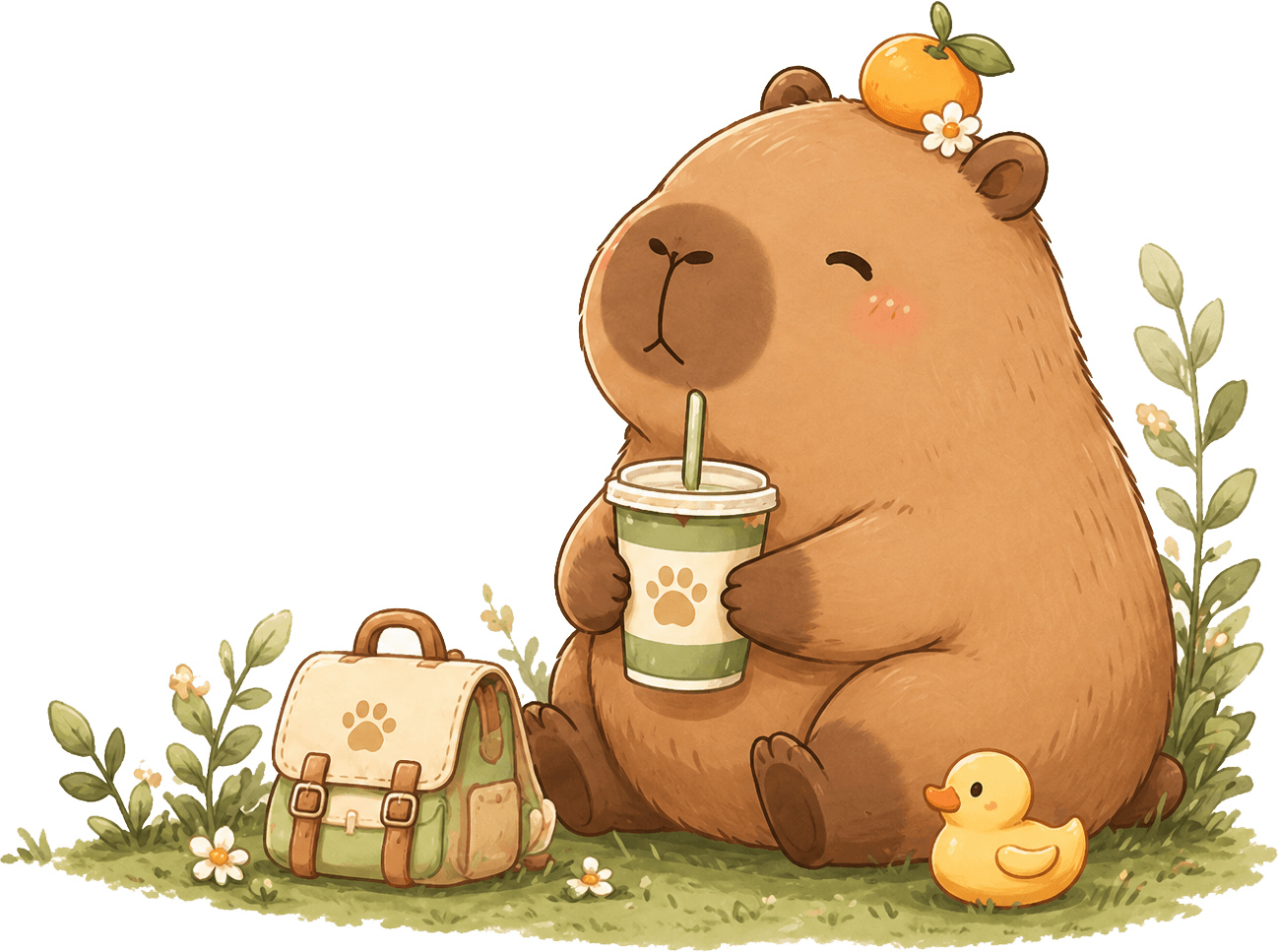 Cute illustration of a capybara sipping a drink with an orange on its head, sitting beside a paw print backpack and rubber duck in a garden