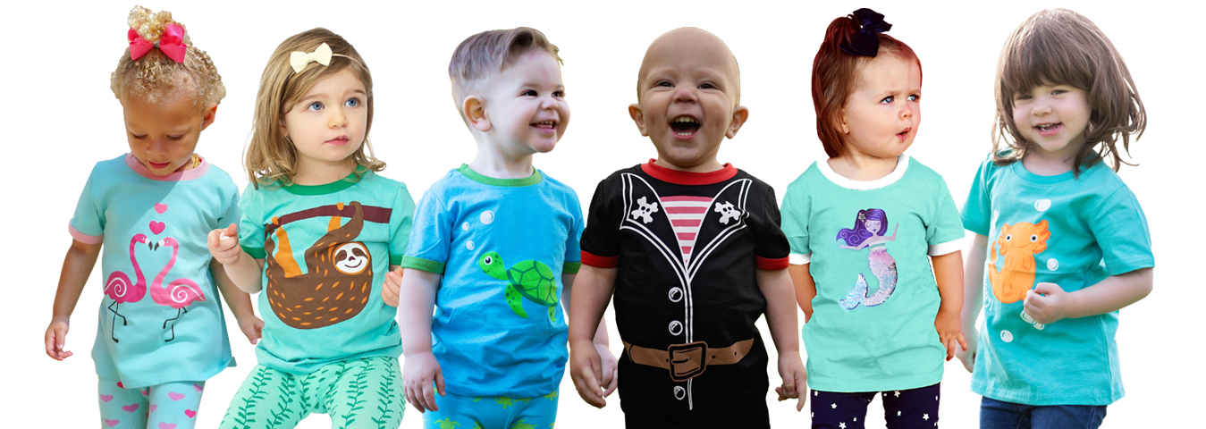 Young children wearing colorful graphic t-shirts with animal designs