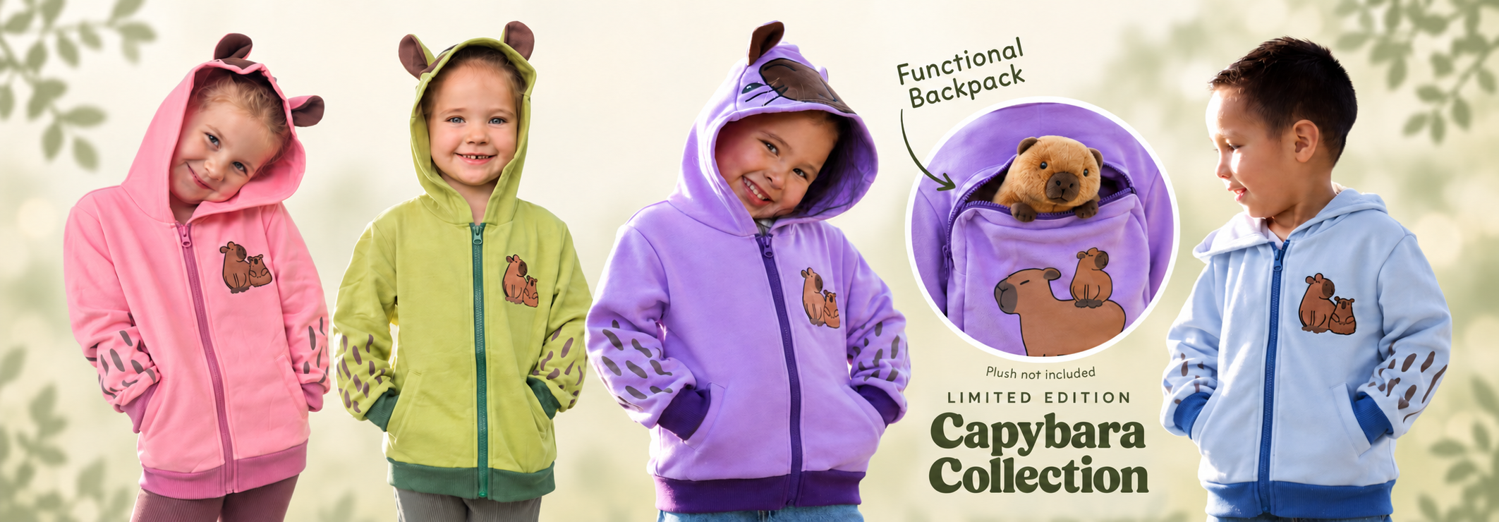 Children wearing colorful animal costume hoodies and jackets