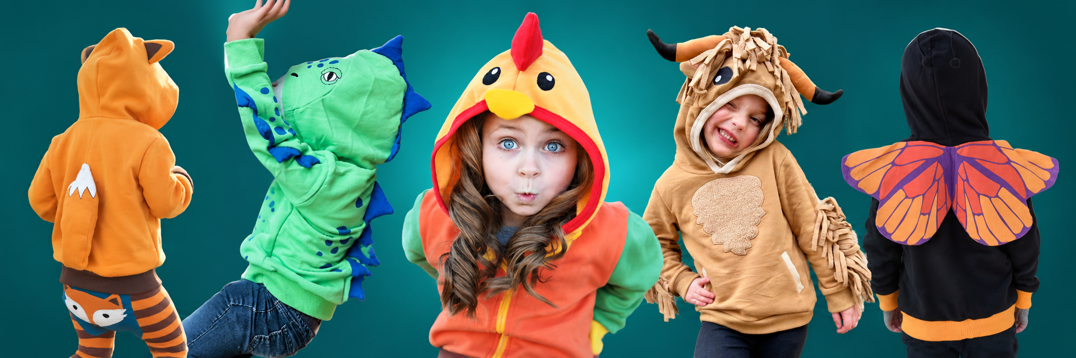 Young children wearing colorful graphic t-shirts with animal designs