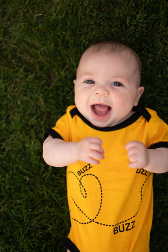 Picture of T-Shirt, Grass, Face, Head, Person, Photography, Portrait, Baby, Happy, Laughing with tex...