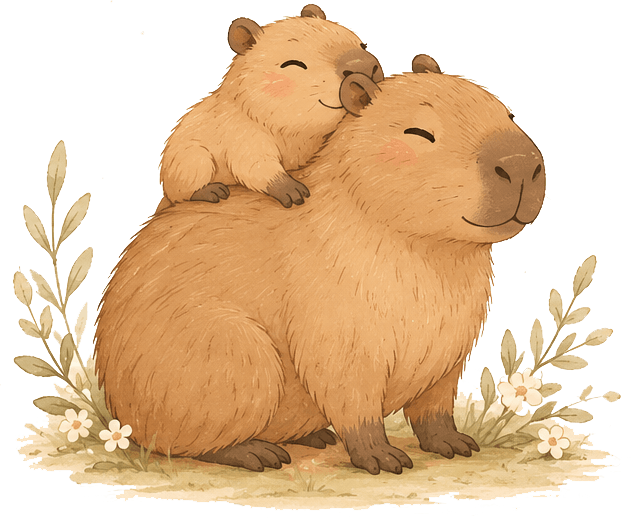 Cute watercolor illustration of a baby capybara resting on an adult capybara surrounded by flowers and leaves