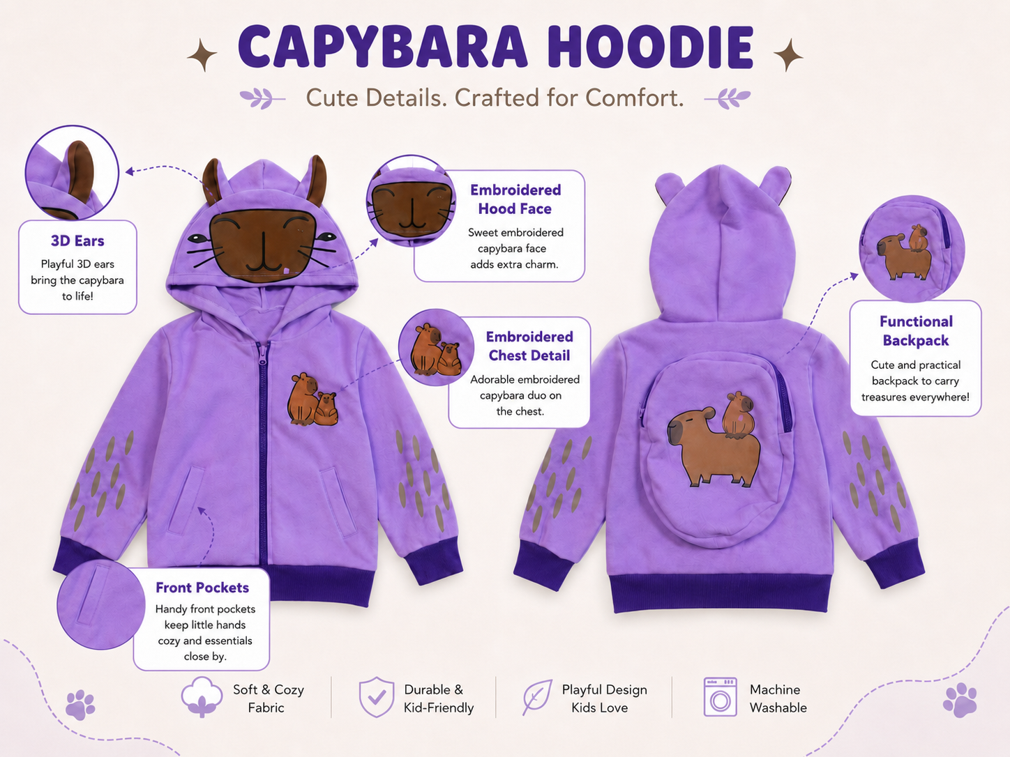 Image of LAVENDER SKY The Dreamy One Capybara Backpack Hoodie