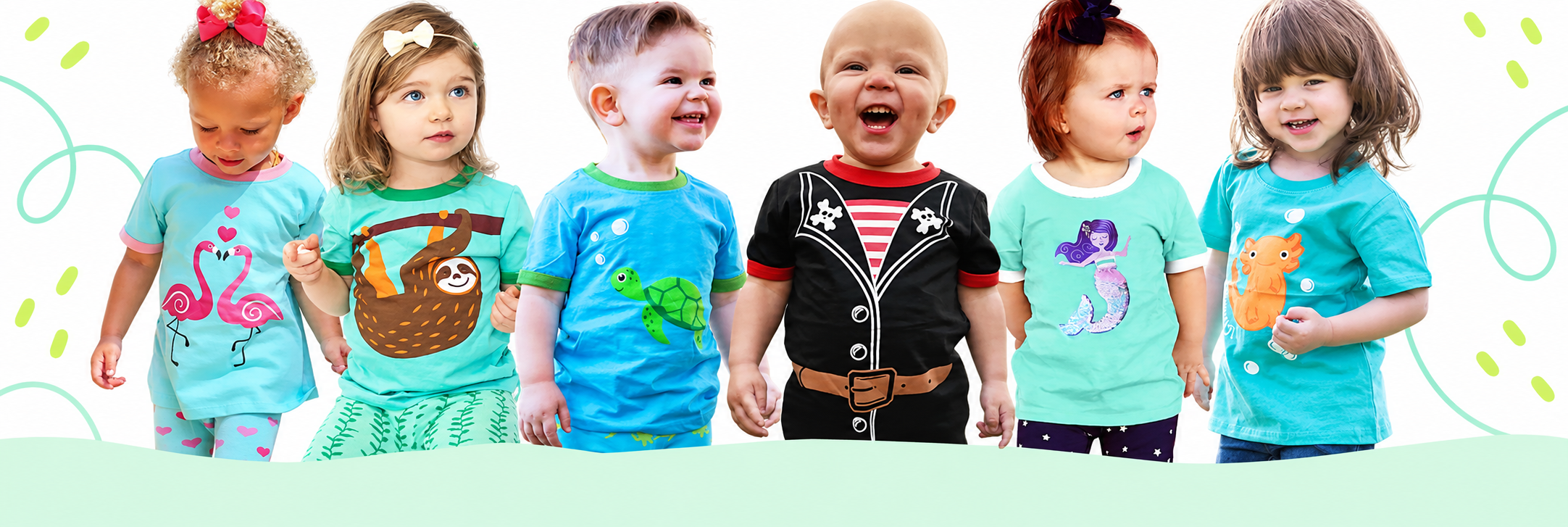 Young children wearing colorful graphic t-shirts with animal designs