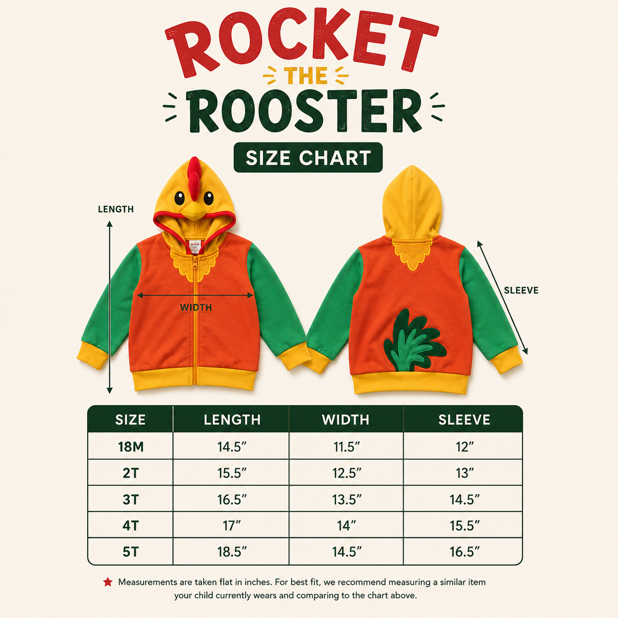 Size chart with length, width, and sleeve measurements