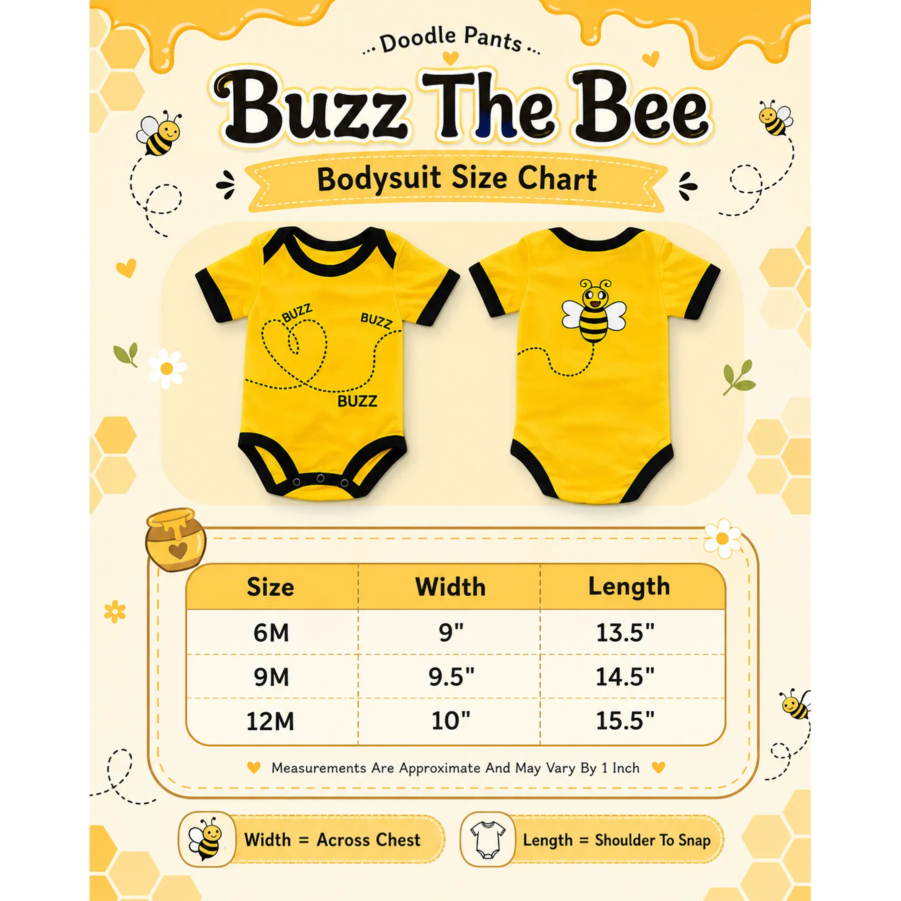Buzz the Bee bodysuit size chart