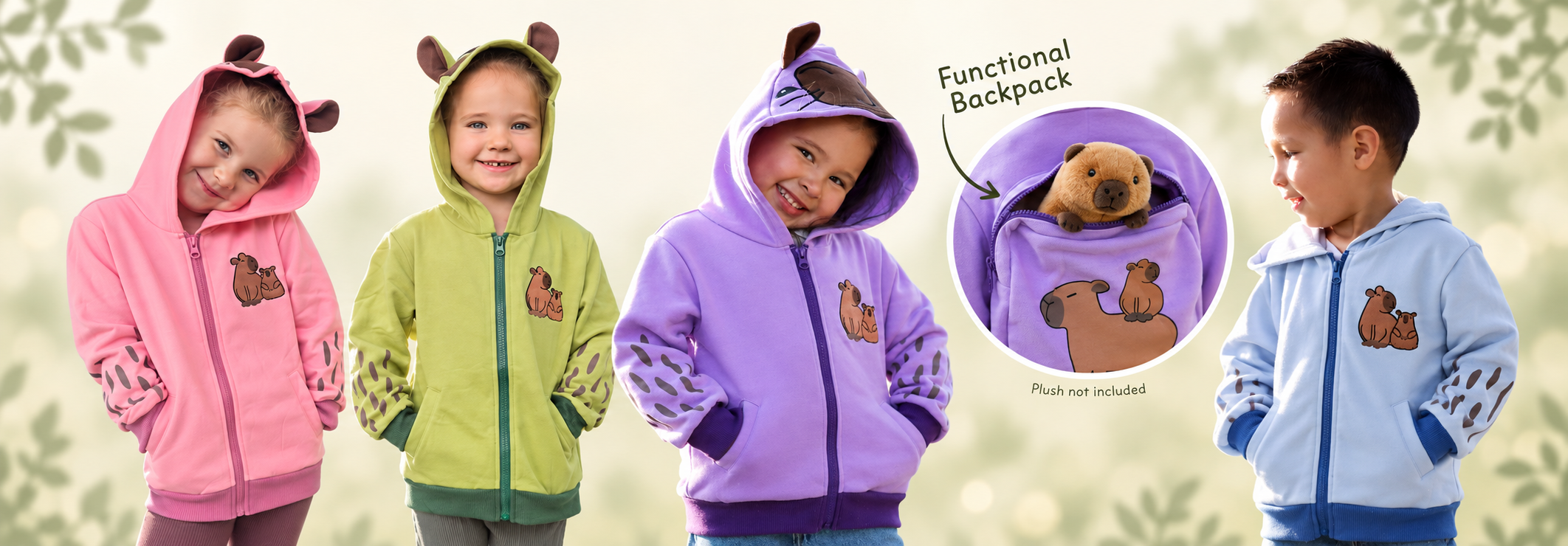 Children wearing colorful animal costume hoodies and jackets