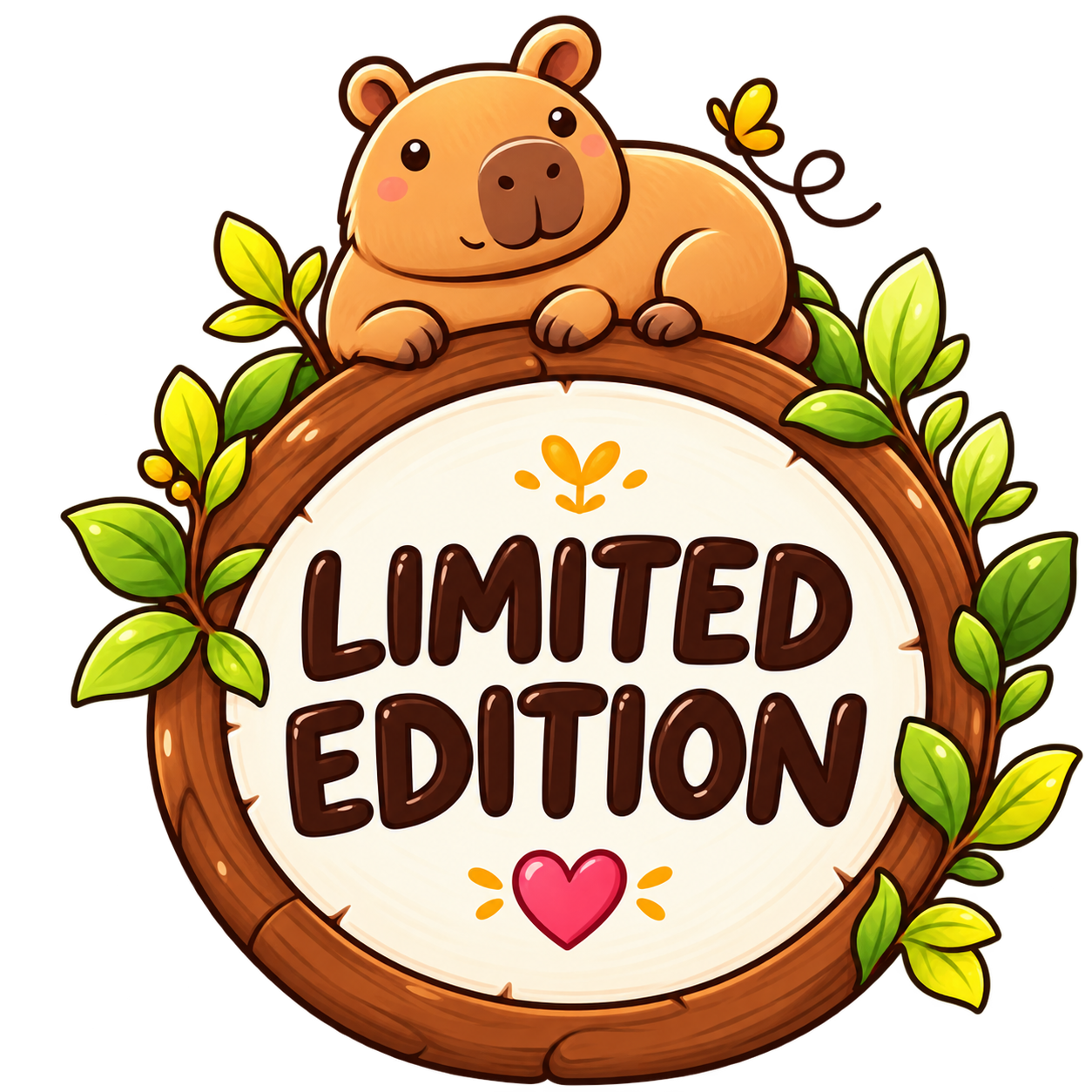 Cute cartoon capybara sitting on a wooden sign surrounded by green leaves reading Collect All 4 with a pink heart