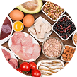 Assorted high-protein foods including chicken, eggs, fish, beans, nuts, and dairy on a white background