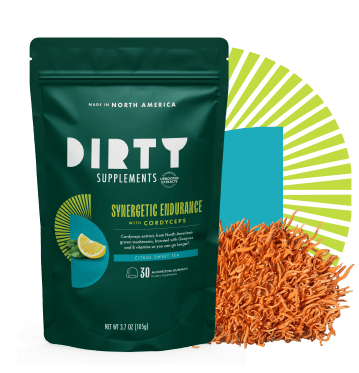 Dirty Supplements Synergetic Endurance with Cordyceps Citrus Sweet Tea 30-count mushroom gummies dietary supplement pouch displayed with fresh cordyceps mushrooms