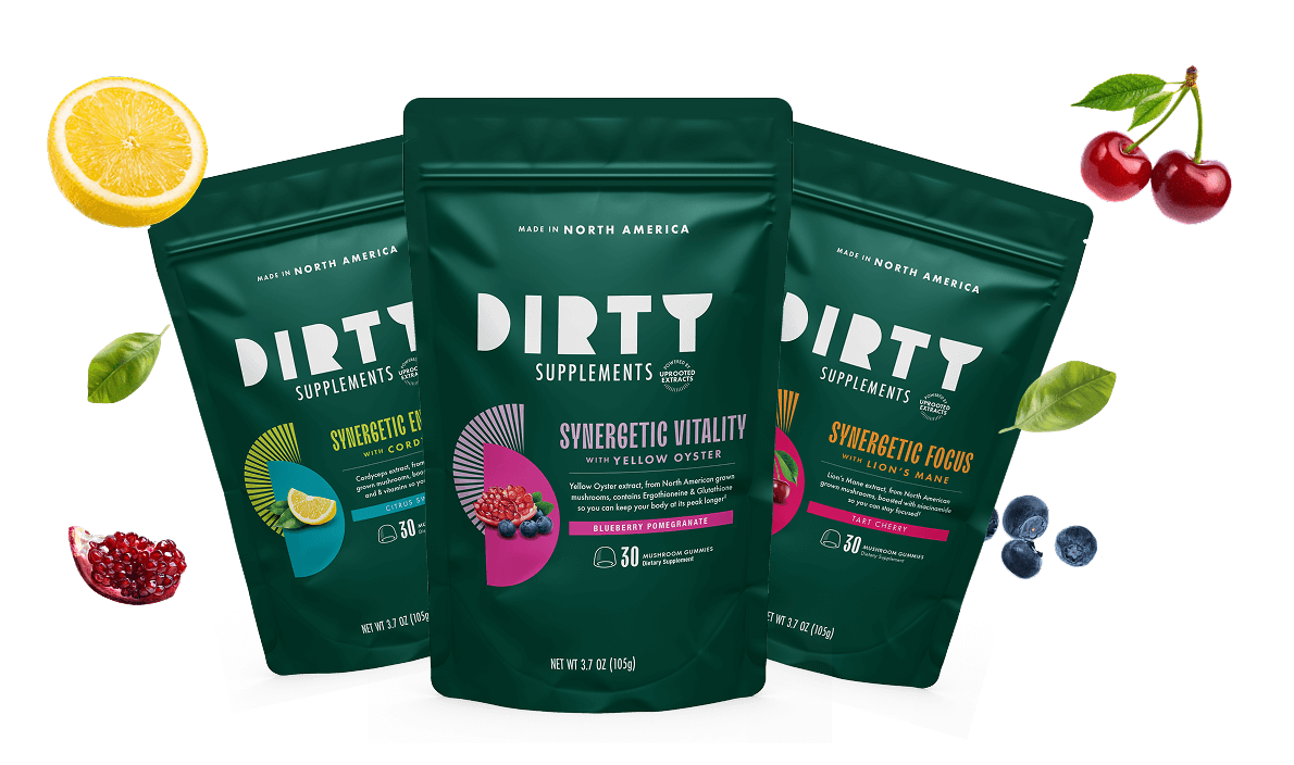 Dirty Supplements mushroom gummy packets with fresh fruit ingredients