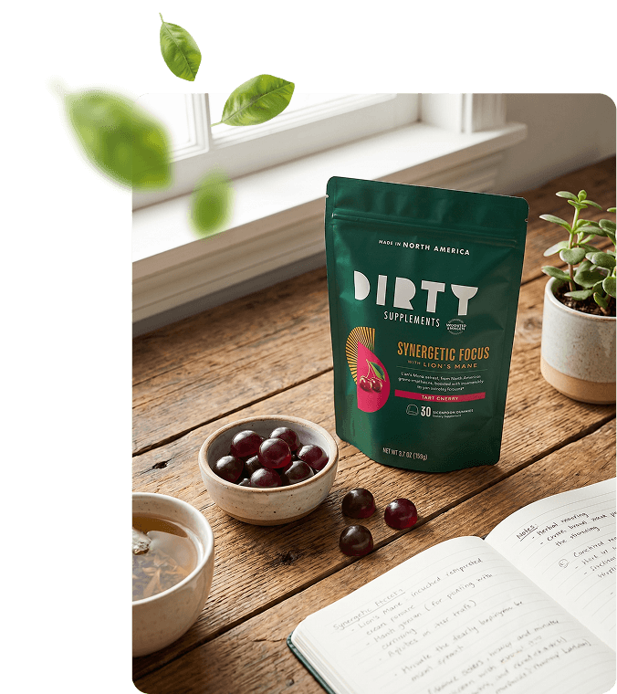 Dirty Supplements Synergetic Focus with Lion's Mane Tart Cherry mushroom gummies pouch on a wooden table with tart cherries, herbal tea, and an open notebook