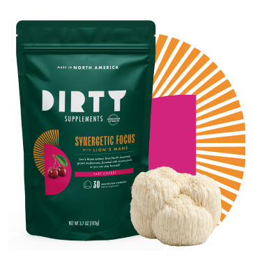 Dirty Supplements Synergetic Focus with Lion's Mane Tart Cherry 30-count mushroom gummies dietary supplement pouch displayed with fresh lion's mane mushroom